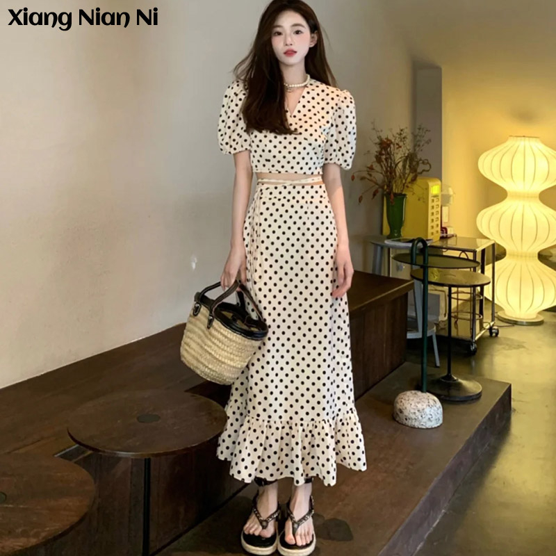 Xiang Nian Ni Bộ Áo Tay Phồng Họa Tiết Chấm Bi + Chân Váy Lửng Thời Trang Pháp Cho Nữ
