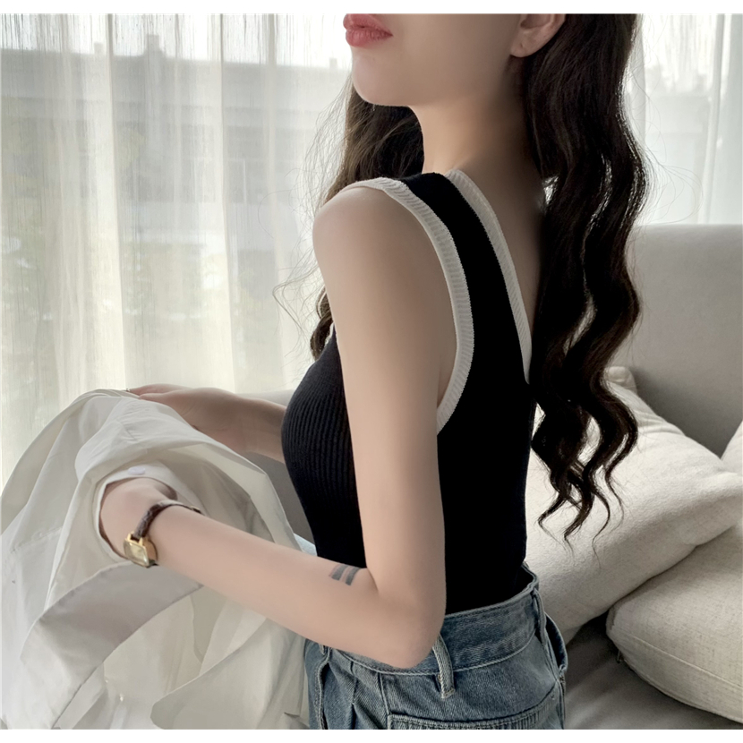 Áo Hai Dây Dệt Kim Dáng Ngắn Phối Màu Ngọt Ngào Thời Trang Hàn Quốc Cho Nữ