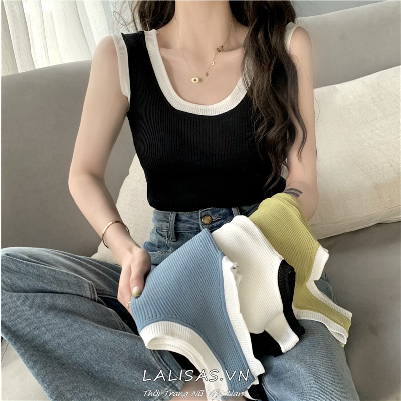 Áo Hai Dây Dệt Kim Dáng Ngắn Phối Màu Ngọt Ngào Thời Trang Hàn Quốc Cho Nữ