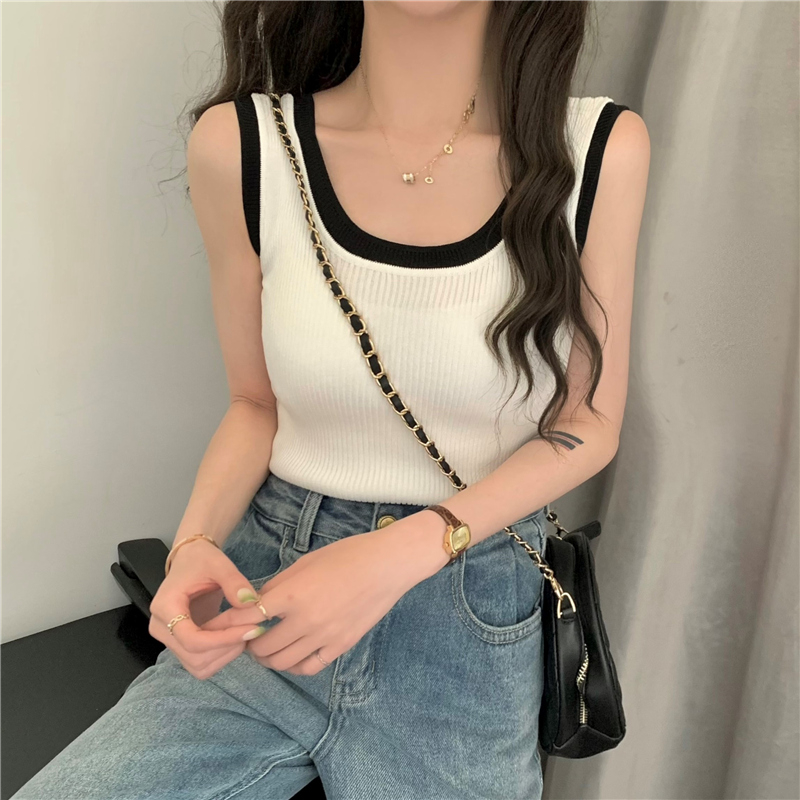 Áo Hai Dây Dệt Kim Dáng Ngắn Phối Màu Ngọt Ngào Thời Trang Hàn Quốc Cho Nữ