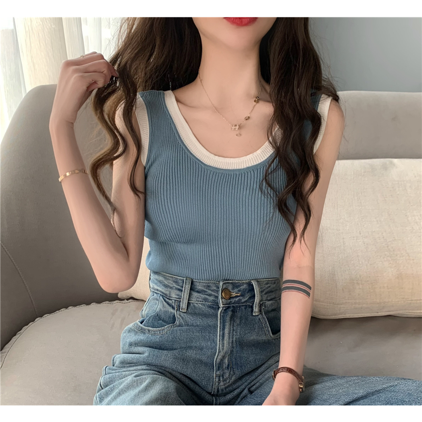 Áo Hai Dây Dệt Kim Dáng Ngắn Phối Màu Ngọt Ngào Thời Trang Hàn Quốc Cho Nữ