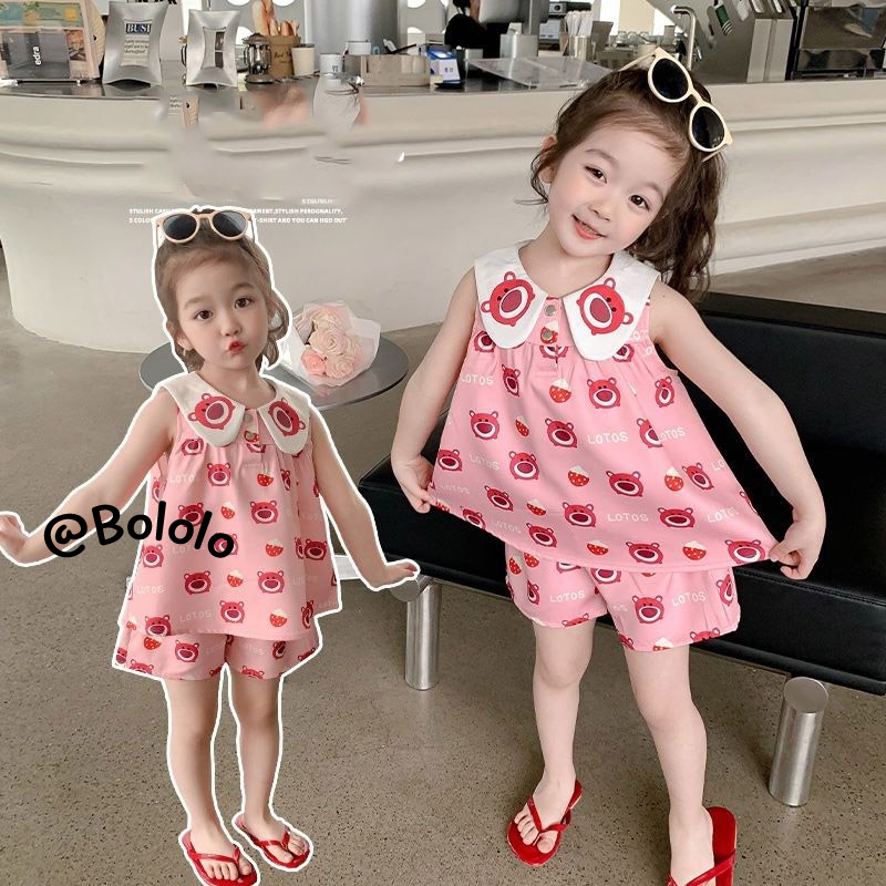 Bololo Bộ Áo Không Tay In Hình Dâu Tây Dễ Thương + Quần Short Thời Trang Mùa Hè Cho Bé Gái