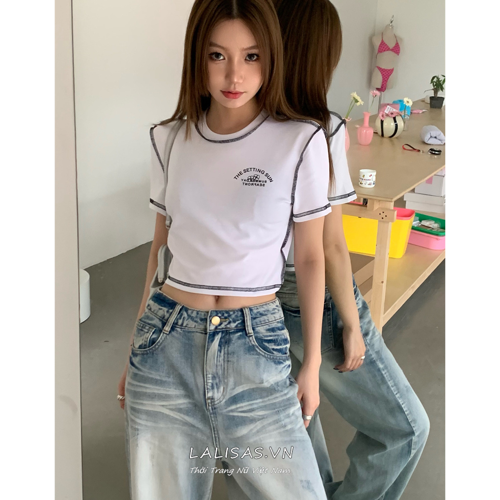 Lalisas Áo Thun Croptop Tay Ngắn Cổ Thuyền Đường Viền Sáng Thiết Kế Đơn Giản Thời Trang Quyến Rũ Cho Nữ