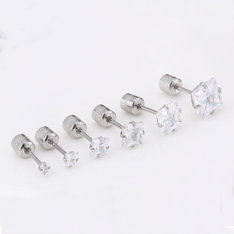 1 Cặp Bông Tai Thép Titan Bạc 925 Đính Đá Zircon Hình Vuông 2-8MM Cho Nam Nữ