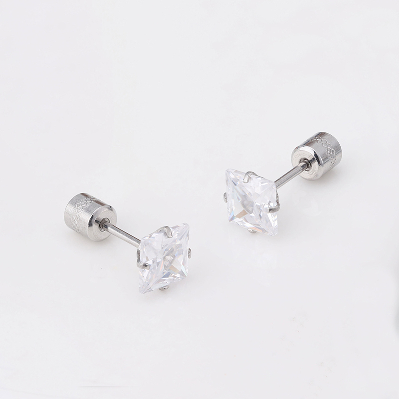 1 Cặp Bông Tai Thép Titan Bạc 925 Đính Đá Zircon Hình Vuông 2-8MM Cho Nam Nữ