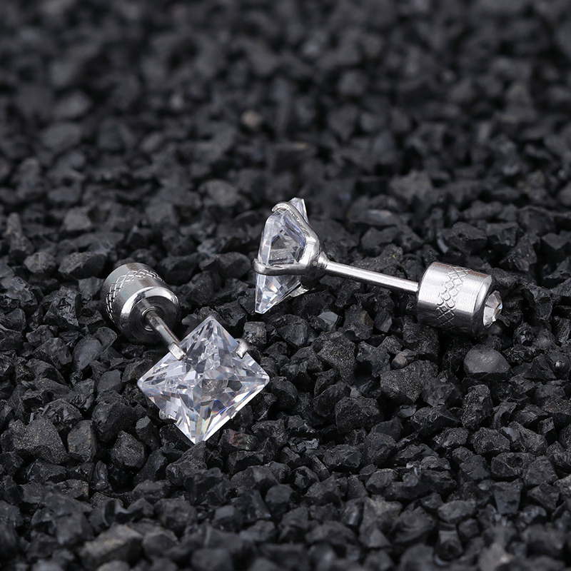1 Cặp Bông Tai Thép Titan Bạc 925 Đính Đá Zircon Hình Vuông 2-8MM Cho Nam Nữ