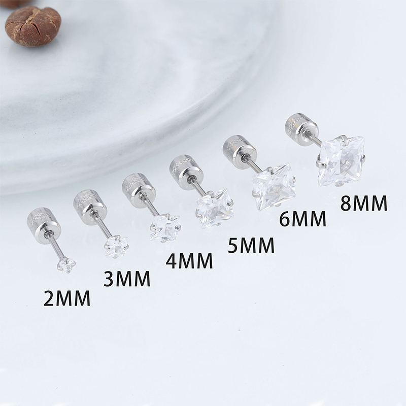 1 Cặp Bông Tai Thép Titan Bạc 925 Đính Đá Zircon Hình Vuông 2-8MM Cho Nam Nữ