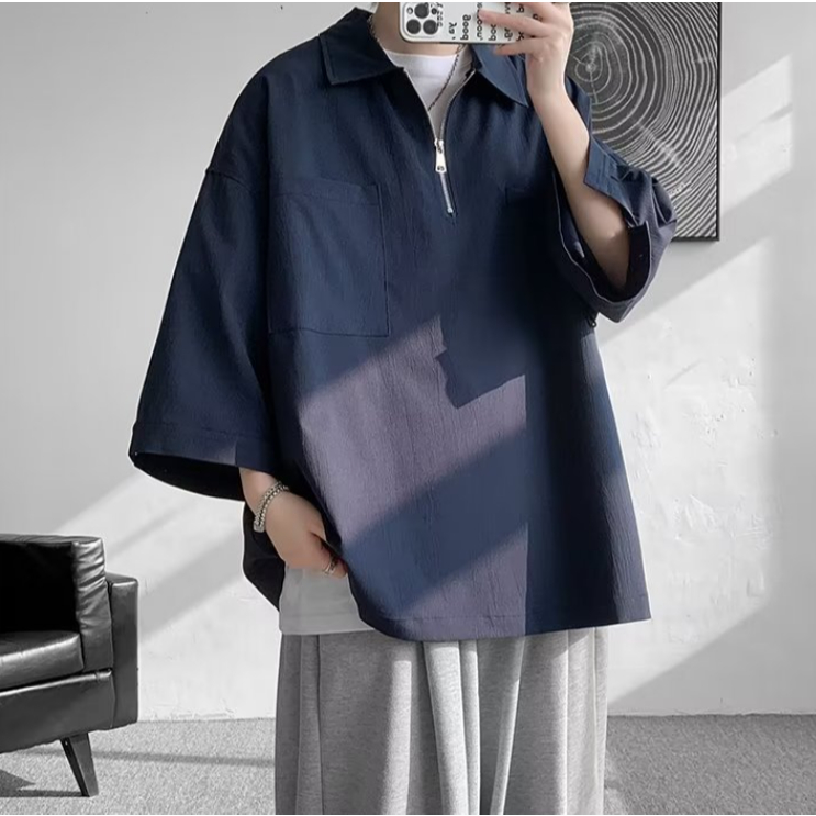Áo Thun polo Dáng Rộng Thời Trang Hàn Quốc Đơn Giản Dành Cho Nam áo polo xanh áo polo nam có túi Áo Polo có khóa kéo
