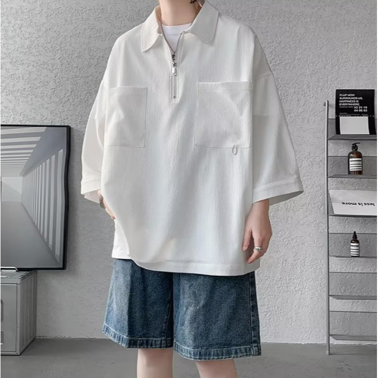 Áo Thun polo Dáng Rộng Thời Trang Hàn Quốc Đơn Giản Dành Cho Nam áo polo xanh áo polo nam có túi Áo Polo có khóa kéo