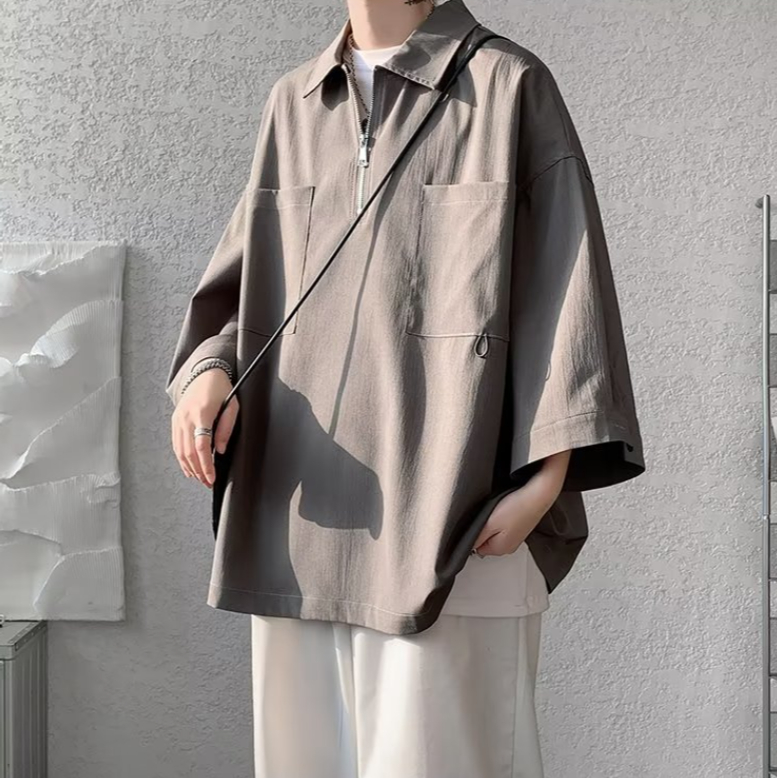 Áo Thun polo Dáng Rộng Thời Trang Hàn Quốc Đơn Giản Dành Cho Nam áo polo xanh áo polo nam có túi Áo Polo có khóa kéo