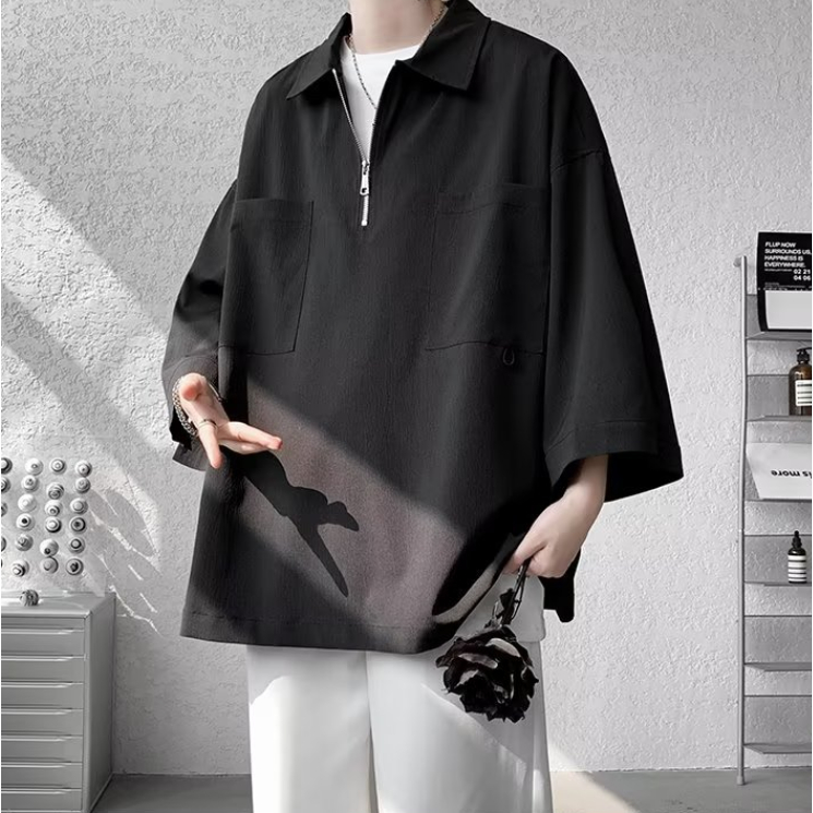 Áo Thun polo Dáng Rộng Thời Trang Hàn Quốc Đơn Giản Dành Cho Nam áo polo xanh áo polo nam có túi Áo Polo có khóa kéo