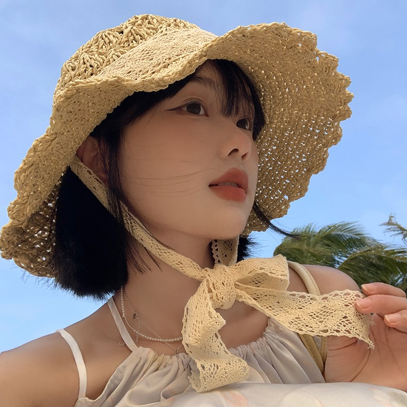 Nón Cói Rộng Vành Phối Ruy Băng Ren Xinh Xắn Thời Trang Đi Biển Cho Nữ