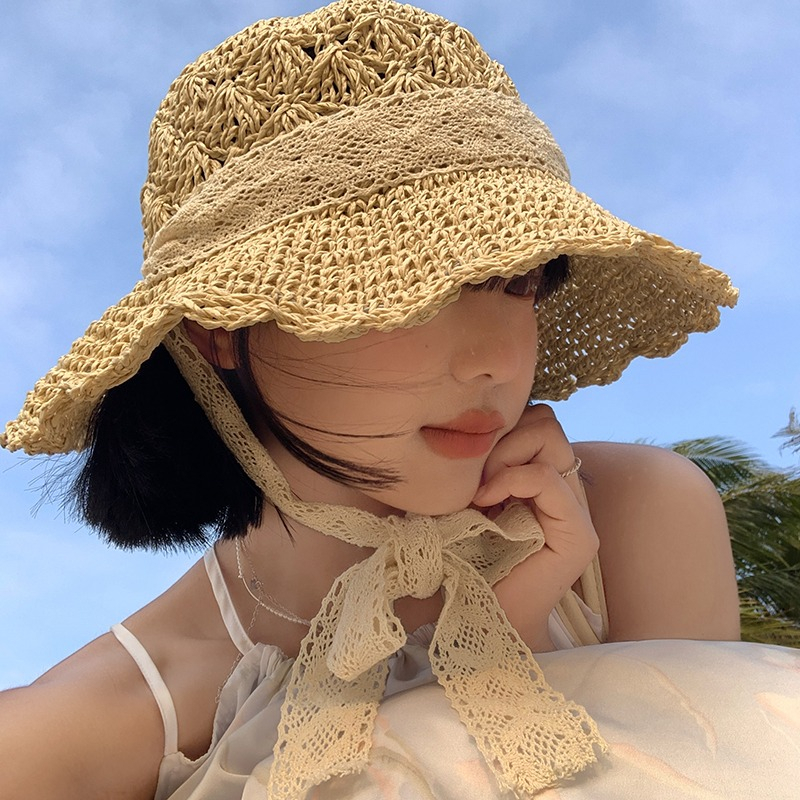 Nón Cói Rộng Vành Phối Ruy Băng Ren Xinh Xắn Thời Trang Đi Biển Cho Nữ