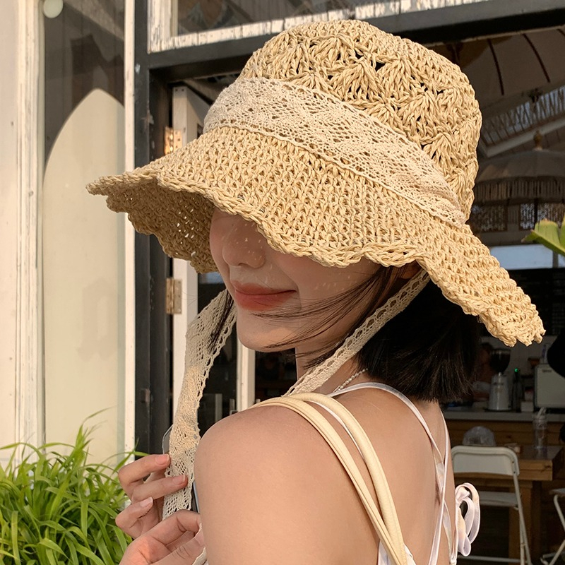 Nón Cói Rộng Vành Phối Ruy Băng Ren Xinh Xắn Thời Trang Đi Biển Cho Nữ