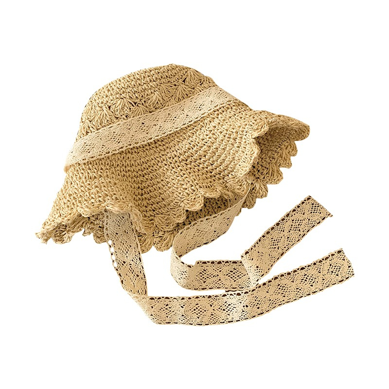 Nón Cói Rộng Vành Phối Ruy Băng Ren Xinh Xắn Thời Trang Đi Biển Cho Nữ