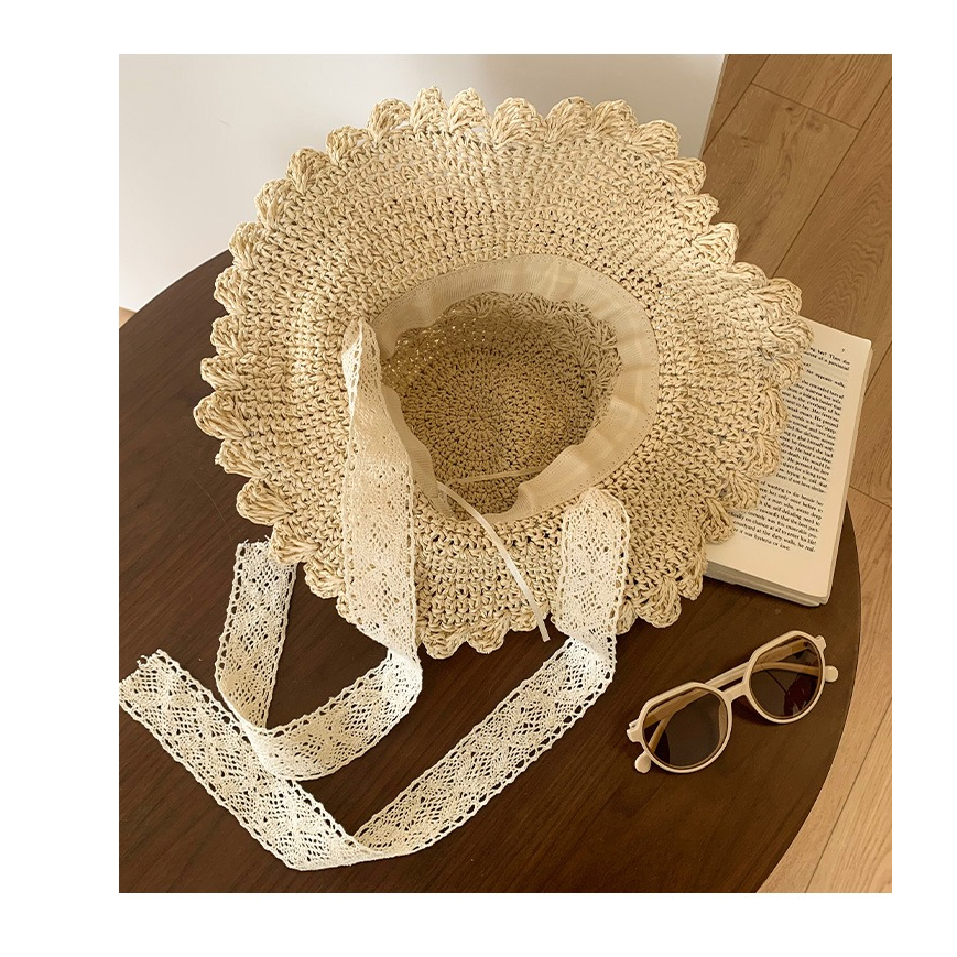 Nón Cói Rộng Vành Phối Ruy Băng Ren Xinh Xắn Thời Trang Đi Biển Cho Nữ