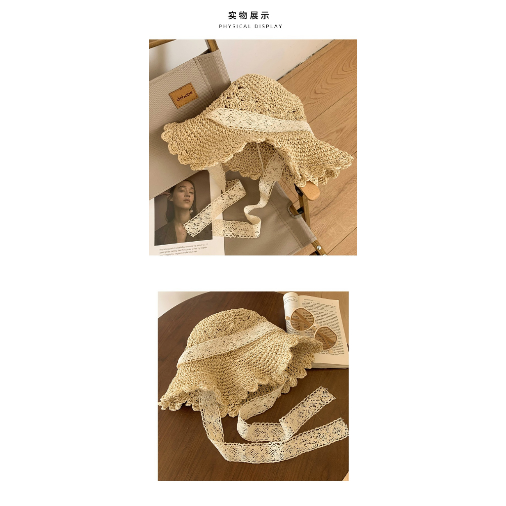 Nón Cói Rộng Vành Phối Ruy Băng Ren Xinh Xắn Thời Trang Đi Biển Cho Nữ