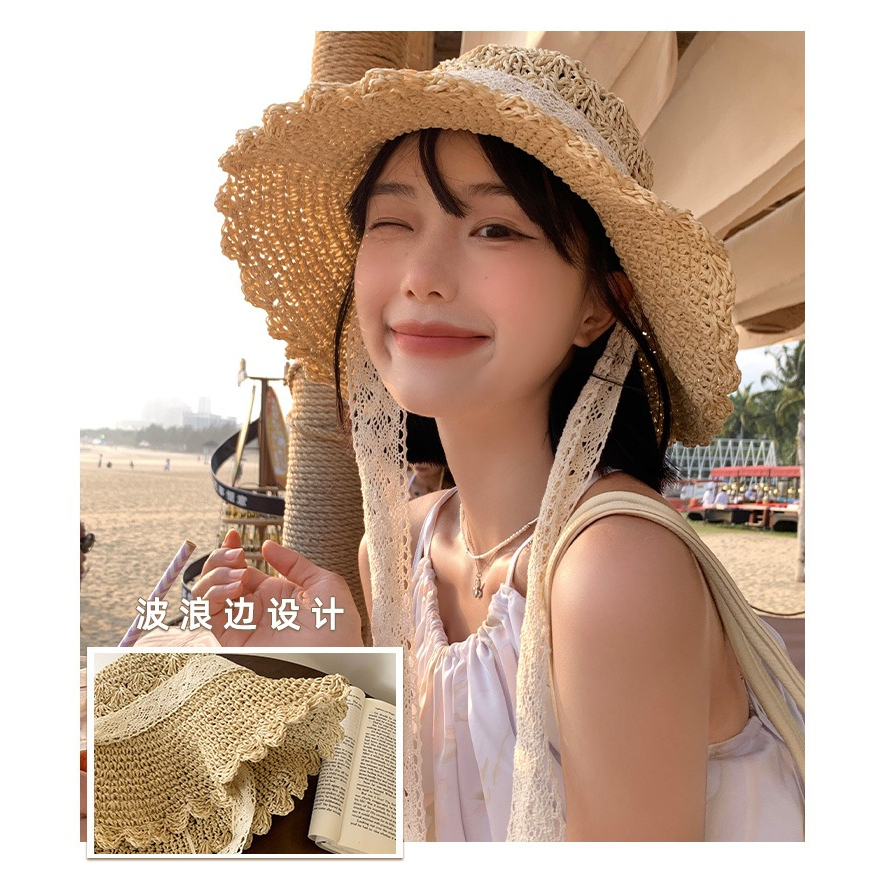 Nón Cói Rộng Vành Phối Ruy Băng Ren Xinh Xắn Thời Trang Đi Biển Cho Nữ