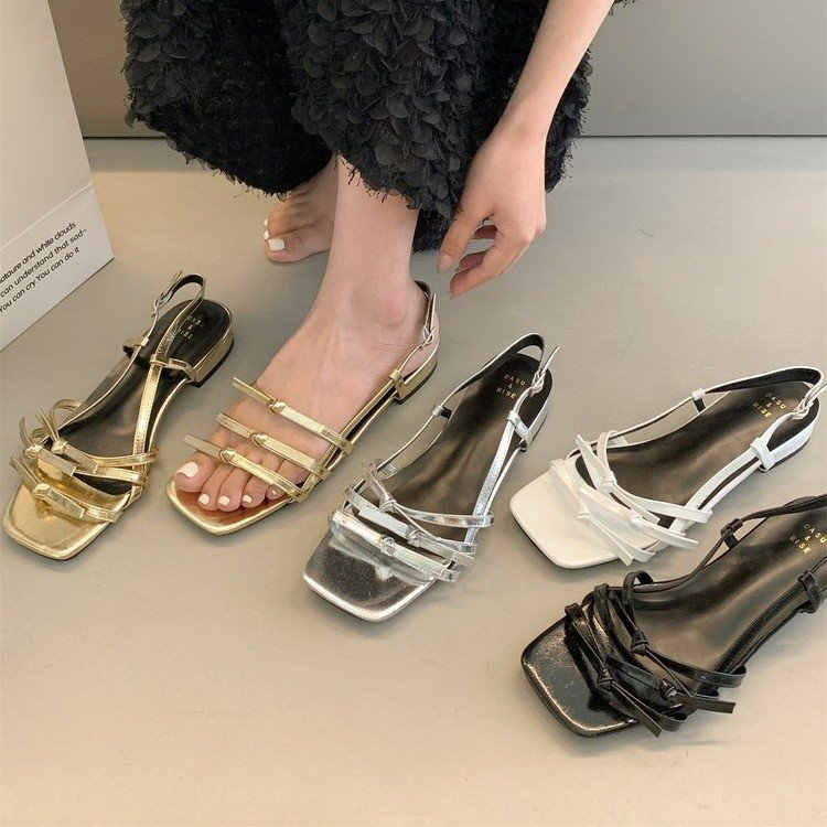 Giày Sandal Đế Thấp Mũi Vuông Hở Ngón Phối Dây Cột Thời Trang Nữ Sành