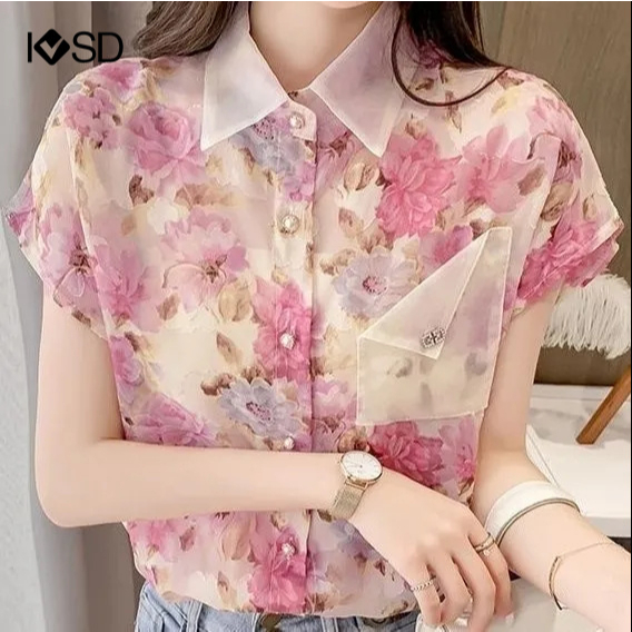 Áo Sơ Mi Voan Cổ Polo In Họa Tiết Hoa Có Túi Thời Trang Cho Nữ