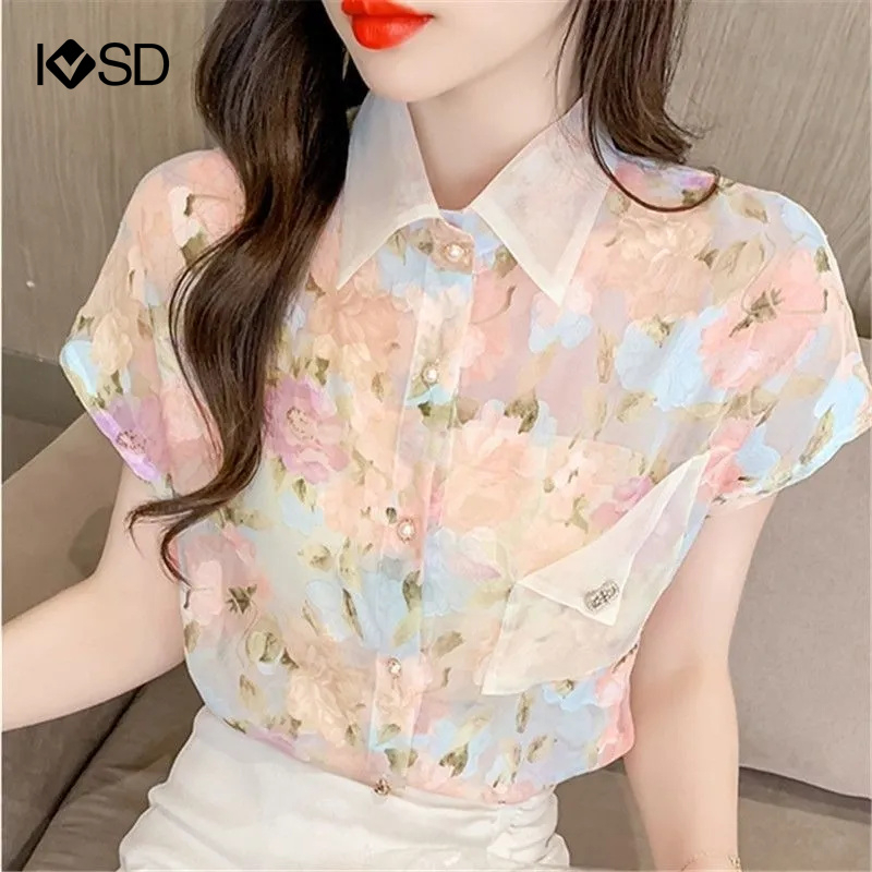 Áo Sơ Mi Voan Cổ Polo In Họa Tiết Hoa Có Túi Thời Trang Cho Nữ