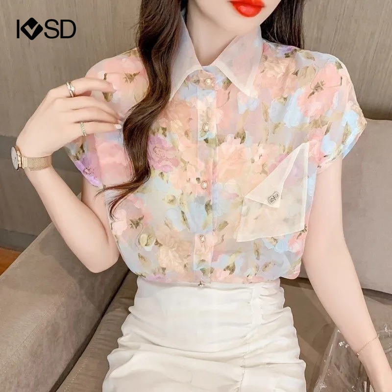 Áo Sơ Mi Voan Cổ Polo In Họa Tiết Hoa Có Túi Thời Trang Cho Nữ