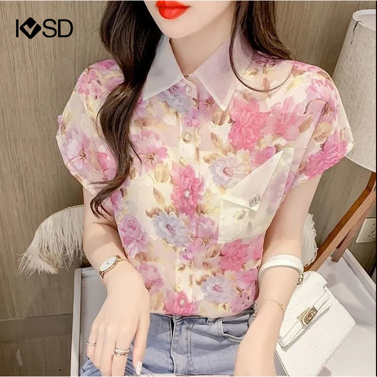 Áo Sơ Mi Voan Cổ Polo In Họa Tiết Hoa Có Túi Thời Trang Cho Nữ