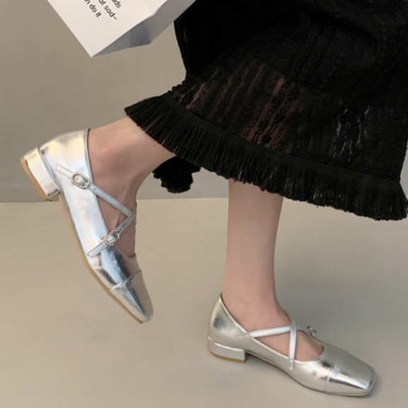 Giày Búp Bê Gót Thấp Mũi Vuông Màu Bạc Phong Cách Pháp Thời Trang Xuân Thu Cho Nữ Phù Hợp