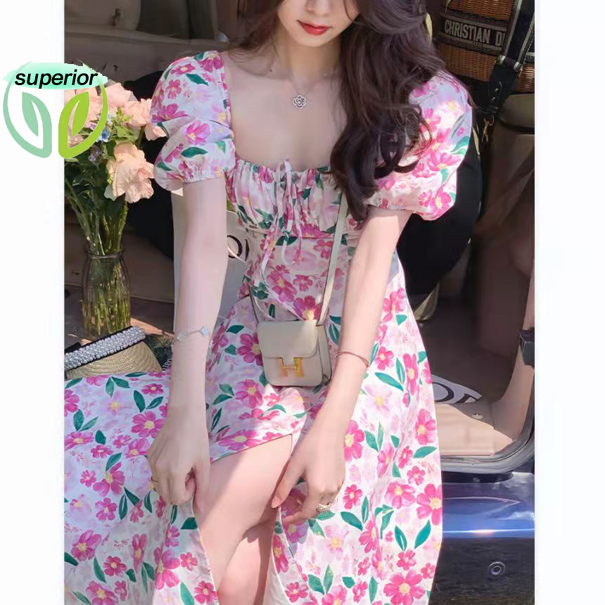 Đầm Dài Tay Phồng Cổ Vuông Xẻ Tà In Họa Tiết Hoa Thời Trang Sang Trọng Cho Nữ