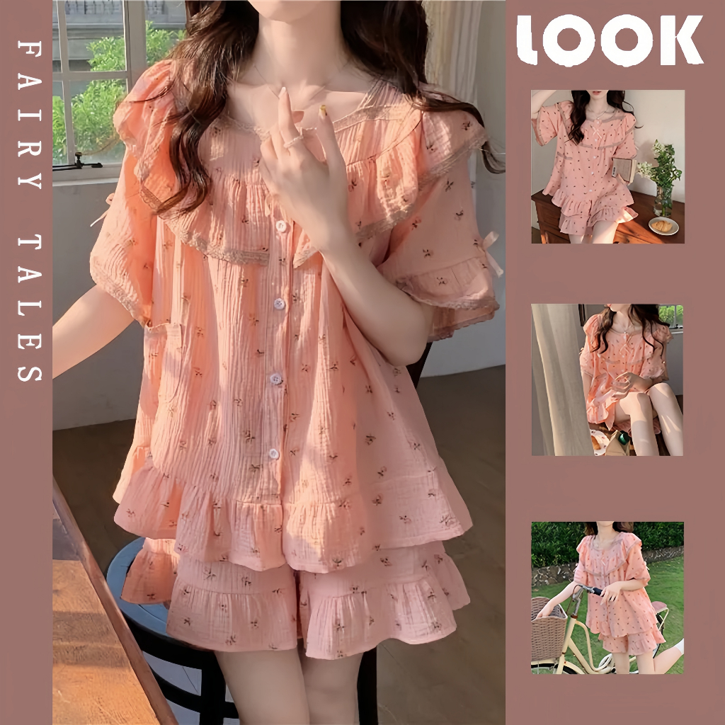 Bộ Đồ Ngủ Áo Tay Ngắn Phối Quần short In Hoa Dễ Thương Thời Trang Mùa Hè Cho Bạn Gái