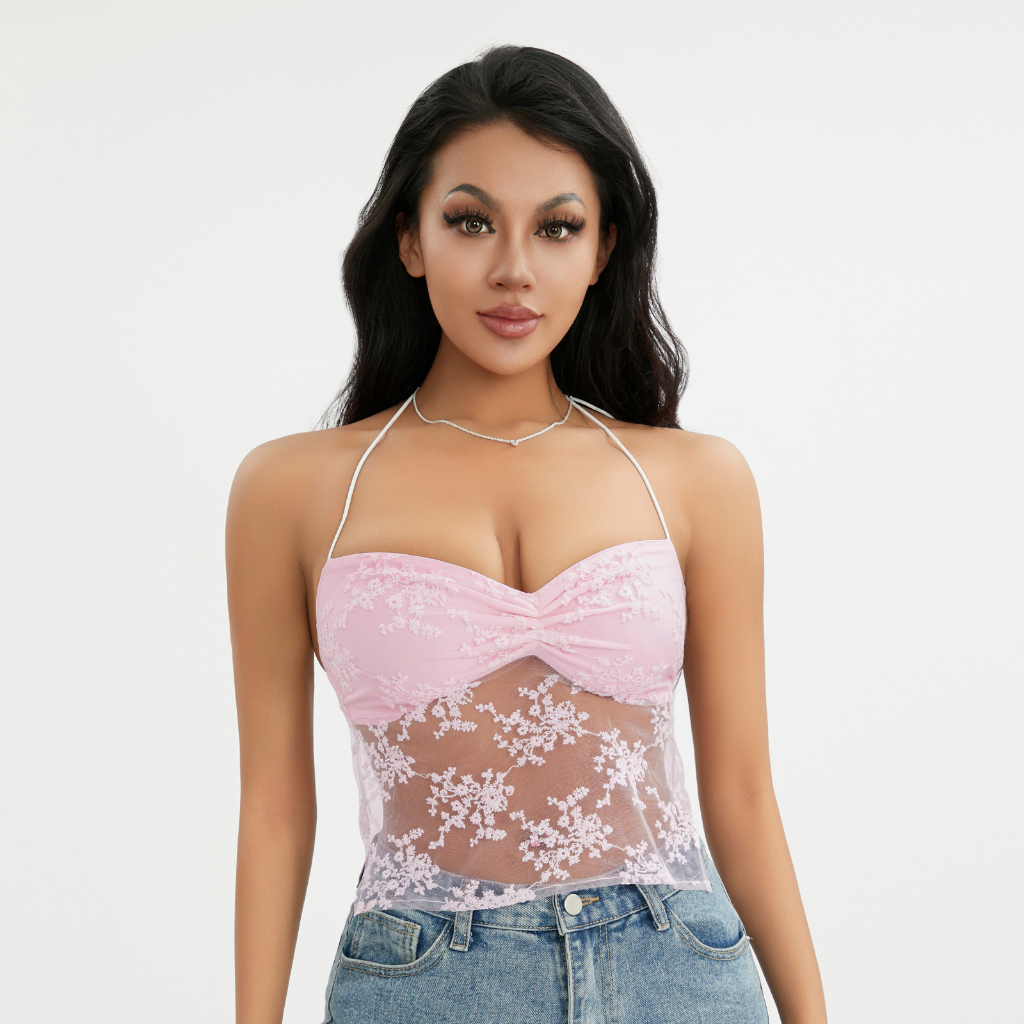 [] - Áo Tank Top Cổ Chữ V Không Tay Phối Ren Nhìn Xuyên Thấu Cho Nữ Áo Kiểu Màu Hồng Xinh Xắn Thời Trang