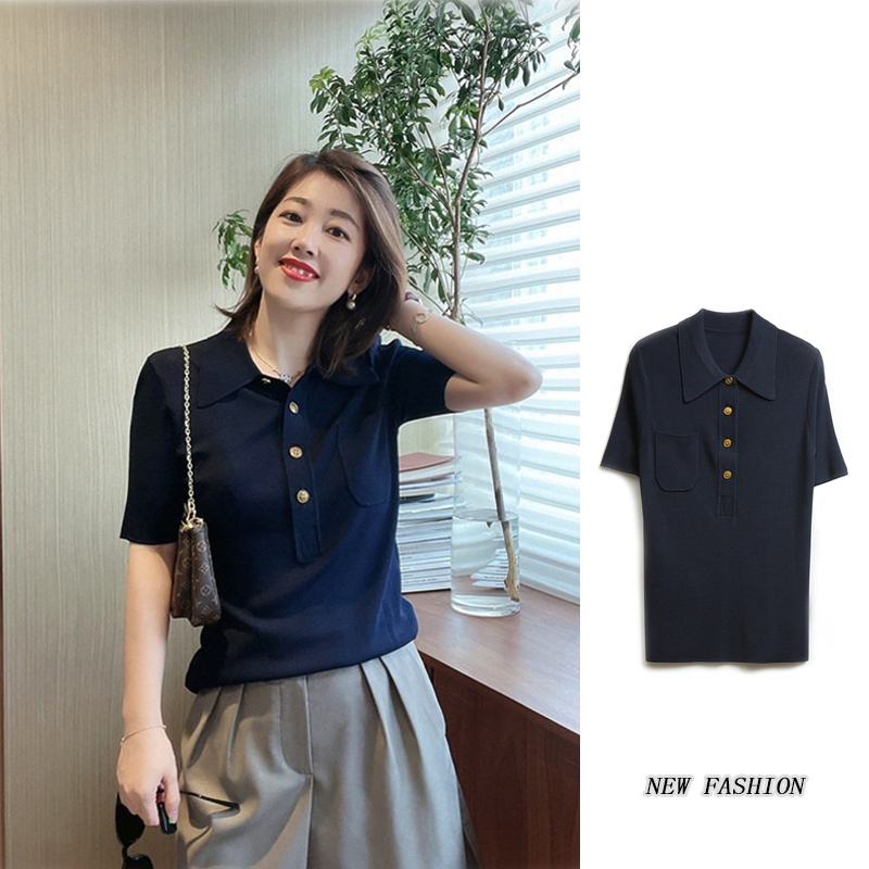 Áo POLO Dệt Kim Mỏng Tay Ngắn Kiểu Retro Pháp Dễ Thương