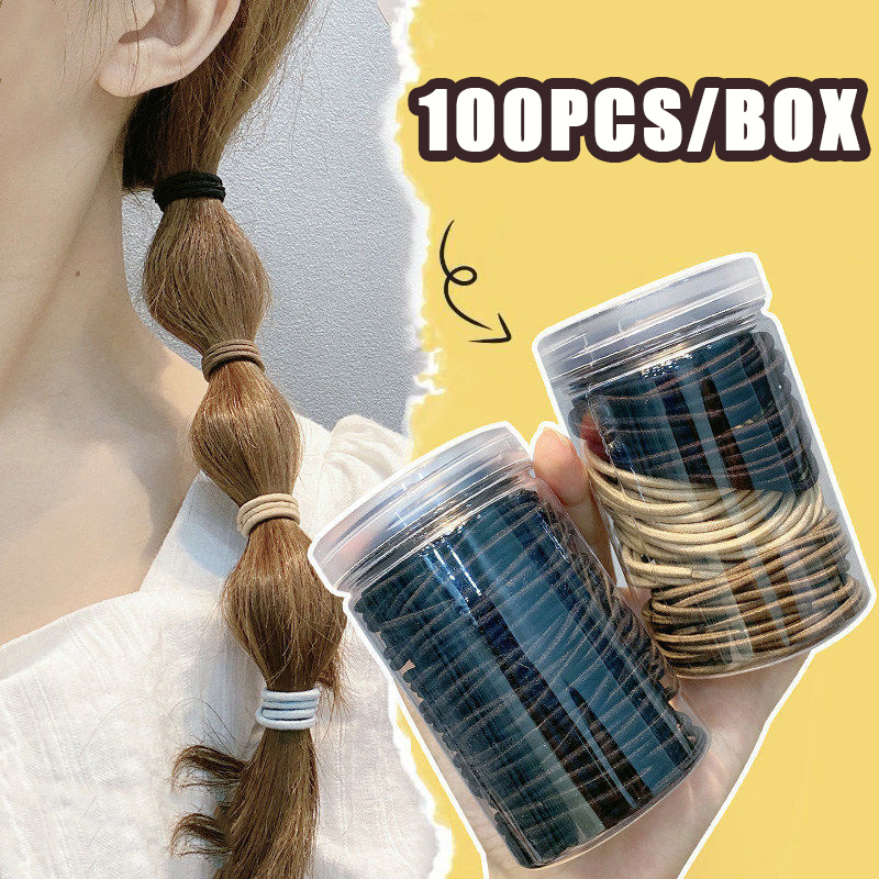 Hộp 100 Dây Buộc Tóc Bằng Da Nylon Phong Cách Hàn Quốc