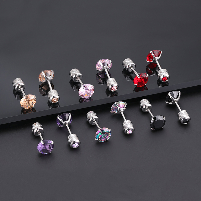 1 Cặp Bông Tai Thép Titan Bạc 925 Đính Đá Zircon Nhiều Màu 5MM Cho Nam Nữ