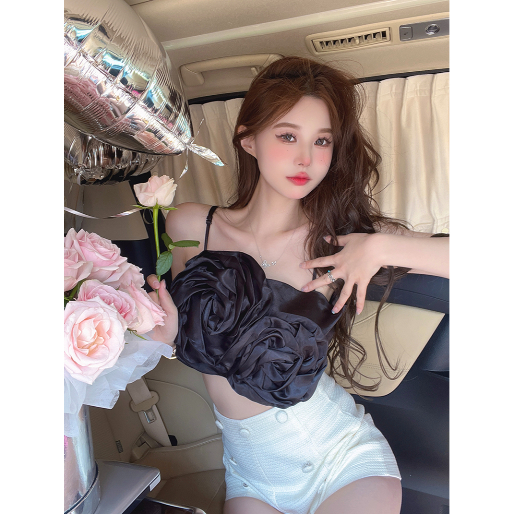 HUANG YOYO Áo Hai Dây Họa Tiết Hoa 3D Có Thể Điều Chỉnh Phong Cách Hàn Quốc Mới