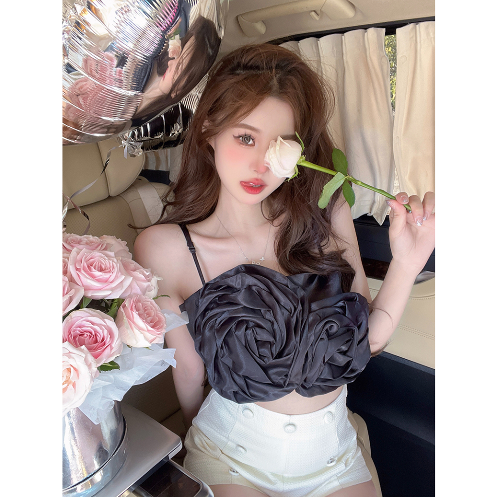 HUANG YOYO Áo Hai Dây Họa Tiết Hoa 3D Có Thể Điều Chỉnh Phong Cách Hàn Quốc Mới