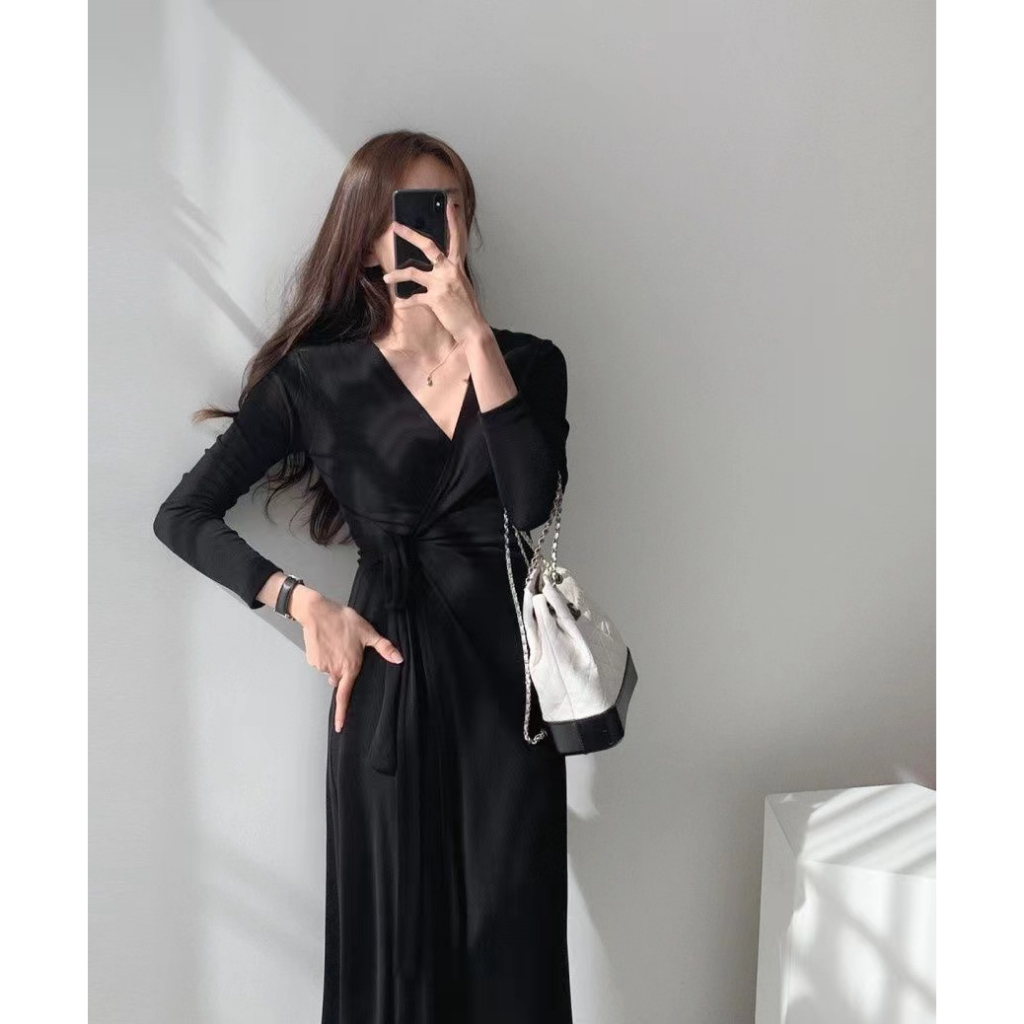 Đầm Maxi Một Mảnh Tay Dài Ôm Eo Đơn Giản Phong Cách Hàn Quốc Mới