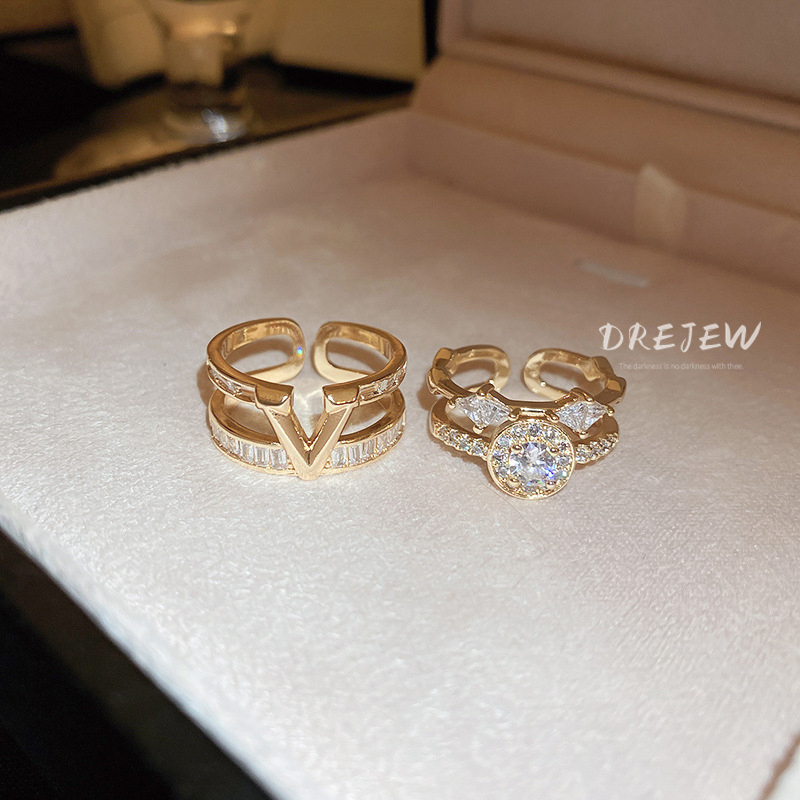 Nhẫn mở hai lớp chữ zircon vàng 18K DREJET, nhẫn phong cách sang trọng nhẹ nhàng cá tính, trang sức thời trang và đa năng