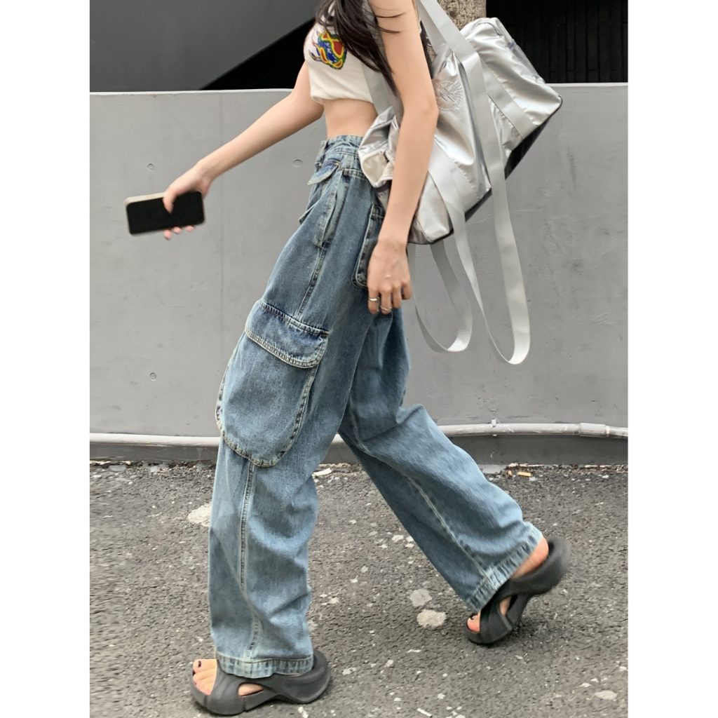 QADCOL Quần Jean Dài Ống Rộng Nhiều Túi Phong Cách retro Mỹ Thời Trang Mùa Hè Hàng Mới Dành Cho Nam Nữ
