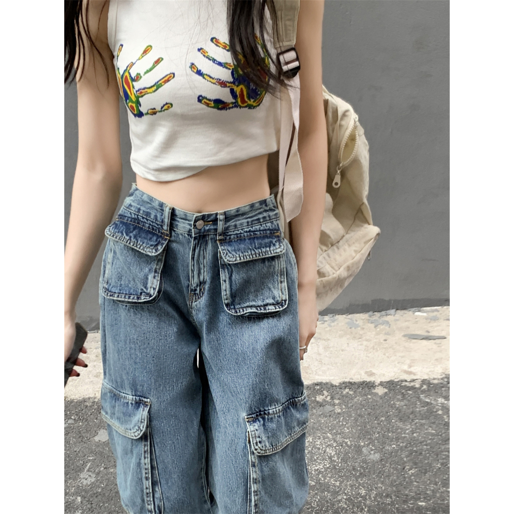 QADCOL Quần Jean Dài Ống Rộng Nhiều Túi Phong Cách retro Mỹ Thời Trang Mùa Hè Hàng Mới Dành Cho Nam Nữ