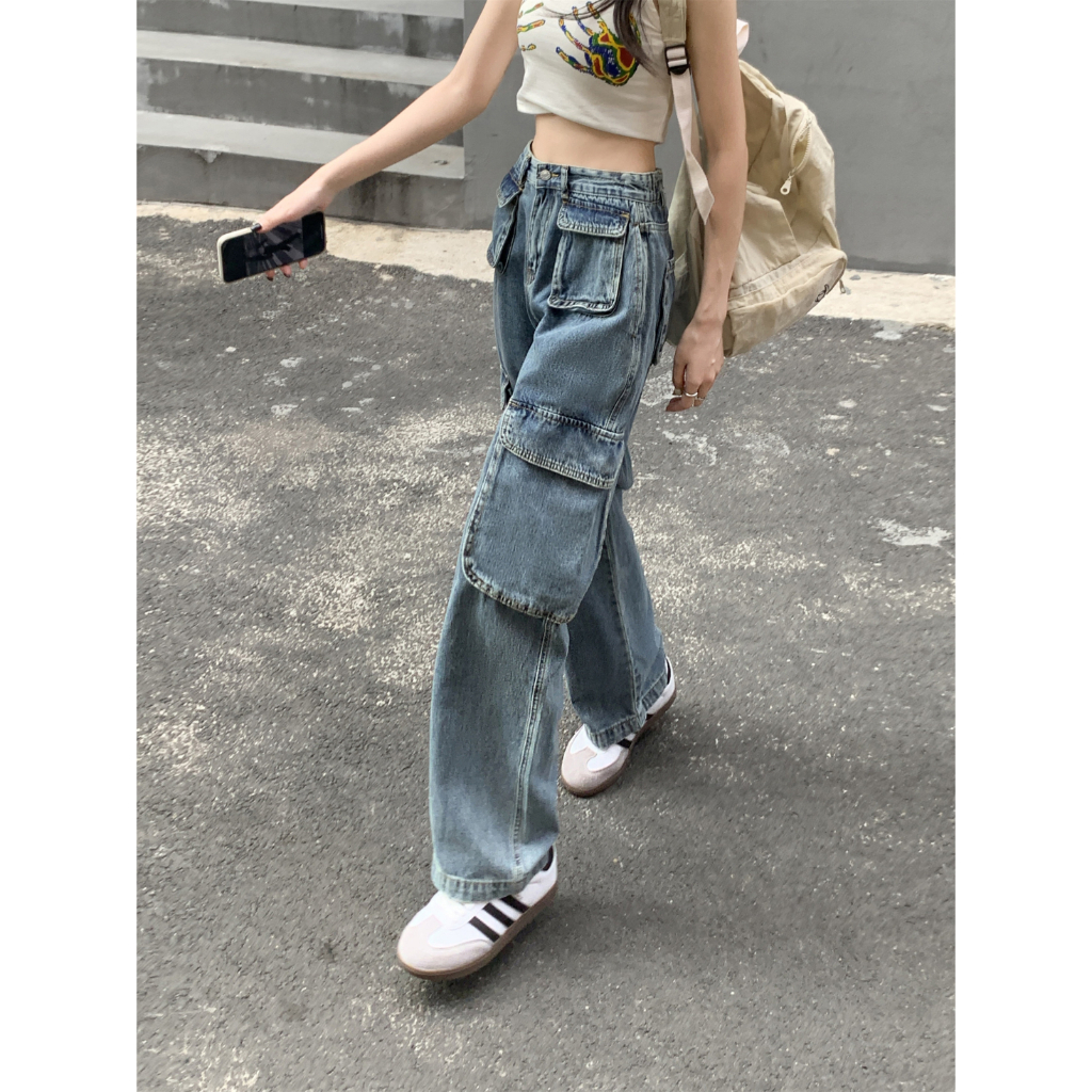 QADCOL Quần Jean Dài Ống Rộng Nhiều Túi Phong Cách retro Mỹ Thời Trang Mùa Hè Hàng Mới Dành Cho Nam Nữ