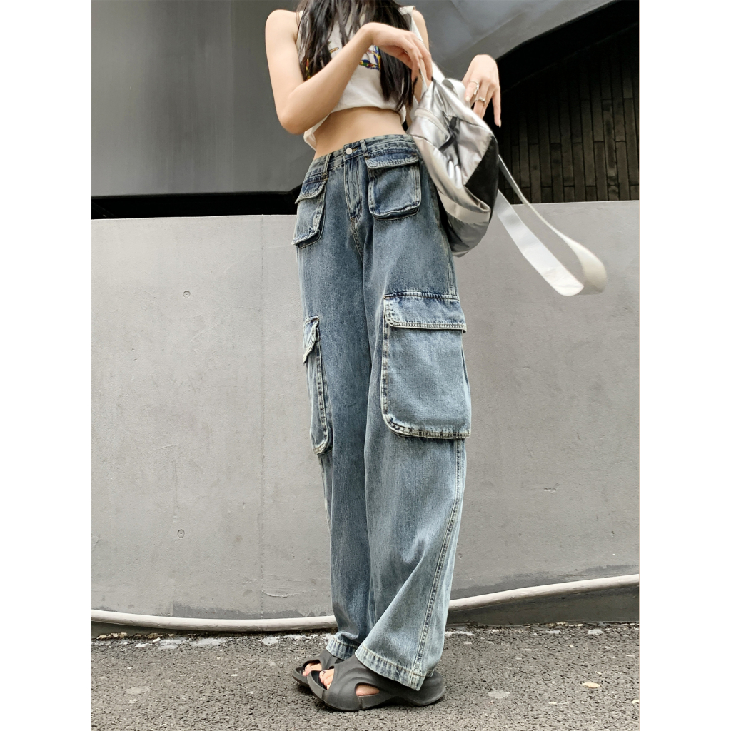 QADCOL Quần Jean Dài Ống Rộng Nhiều Túi Phong Cách retro Mỹ Thời Trang Mùa Hè Hàng Mới Dành Cho Nam Nữ