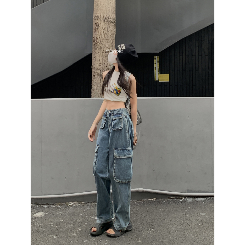 QADCOL Quần Jean Dài Ống Rộng Nhiều Túi Phong Cách retro Mỹ Thời Trang Mùa Hè Hàng Mới Dành Cho Nam Nữ