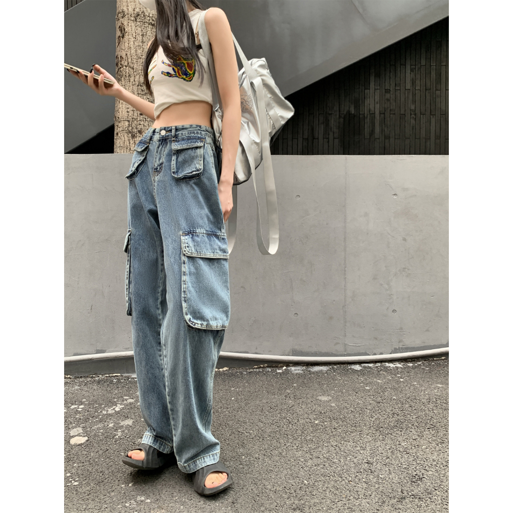 QADCOL Quần Jean Dài Ống Rộng Nhiều Túi Phong Cách retro Mỹ Thời Trang Mùa Hè Hàng Mới Dành Cho Nam Nữ