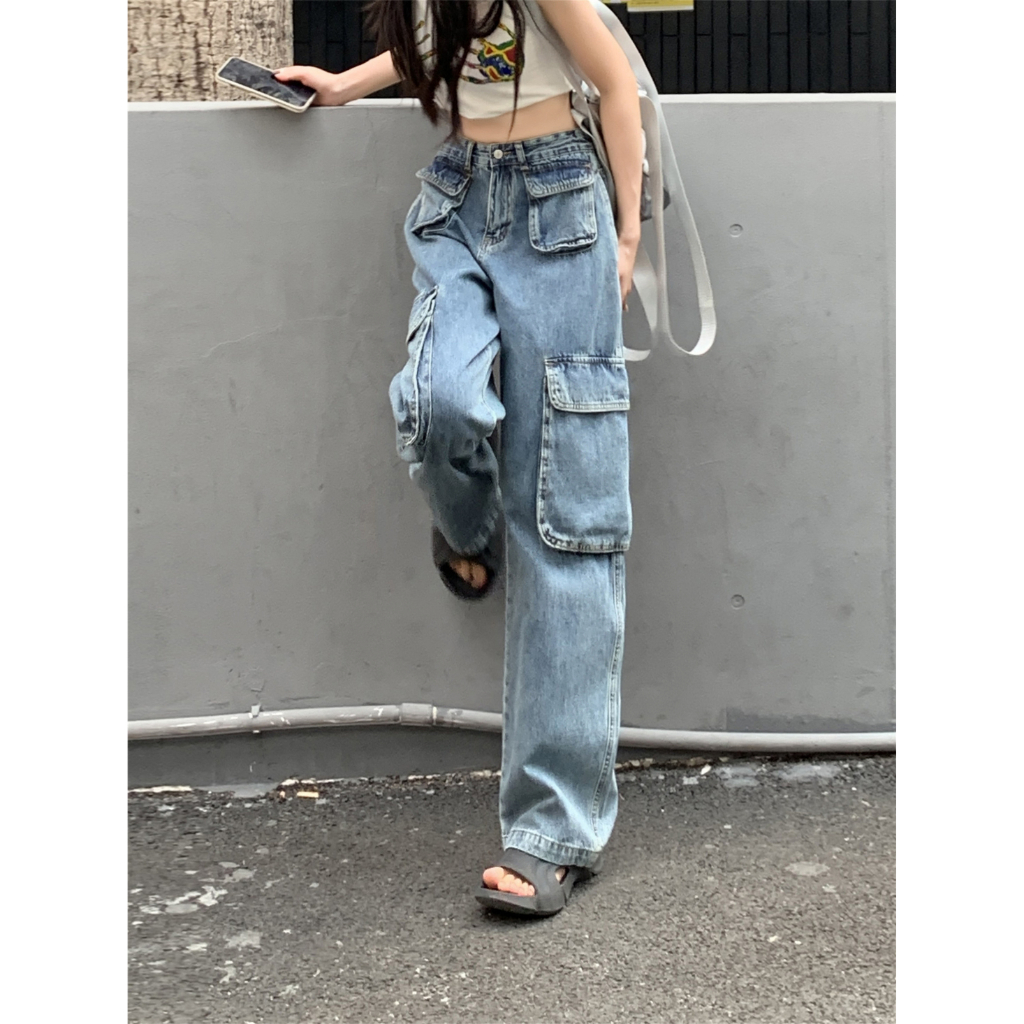 QADCOL Quần Jean Dài Ống Rộng Nhiều Túi Phong Cách retro Mỹ Thời Trang Mùa Hè Hàng Mới Dành Cho Nam Nữ