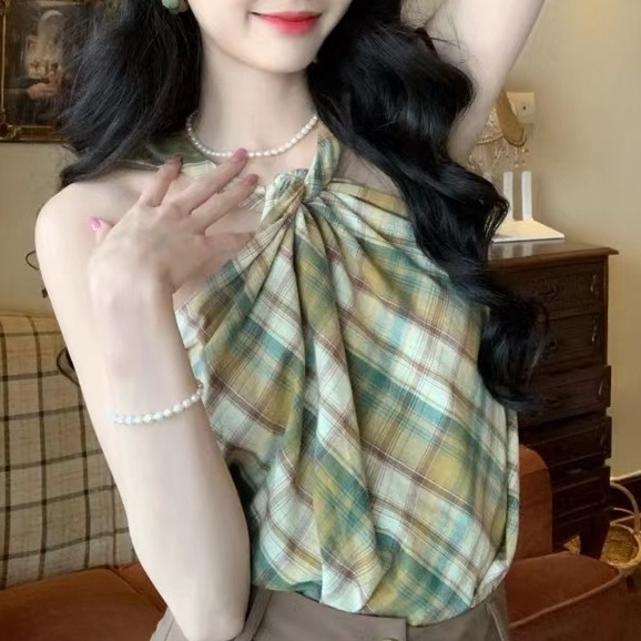 Áo Hai Dây Cổ Yếm Họa Tiết Sọc Caro Phong Cách Retro Thời Trang Mùa Hè