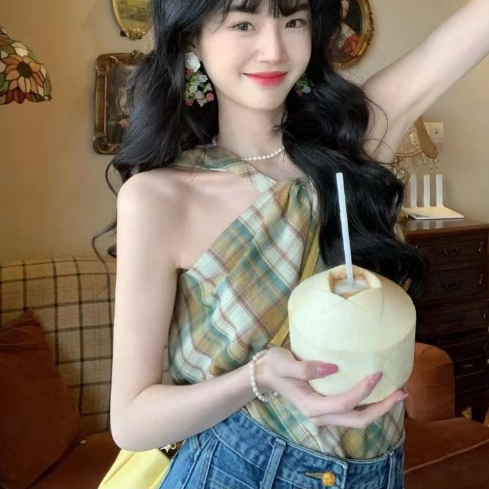 Áo Hai Dây Cổ Yếm Họa Tiết Sọc Caro Phong Cách Retro Thời Trang Mùa Hè