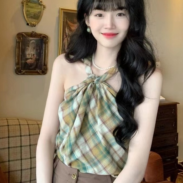 Áo Hai Dây Cổ Yếm Họa Tiết Sọc Caro Phong Cách Retro Thời Trang Mùa Hè