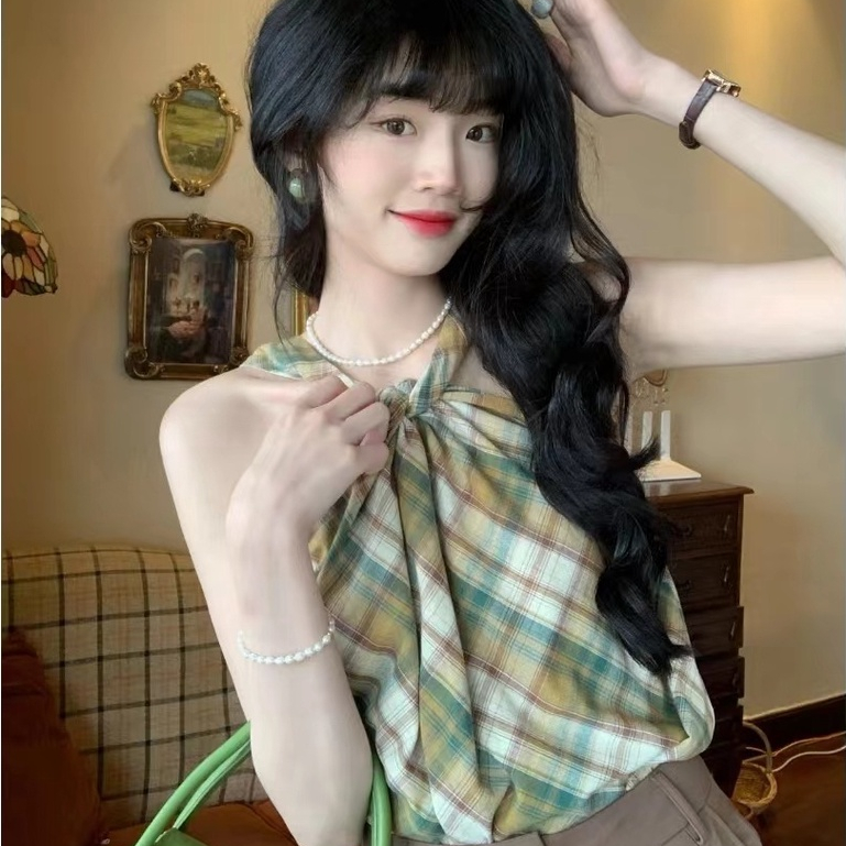 Áo Hai Dây Cổ Yếm Họa Tiết Sọc Caro Phong Cách Retro Thời Trang Mùa Hè