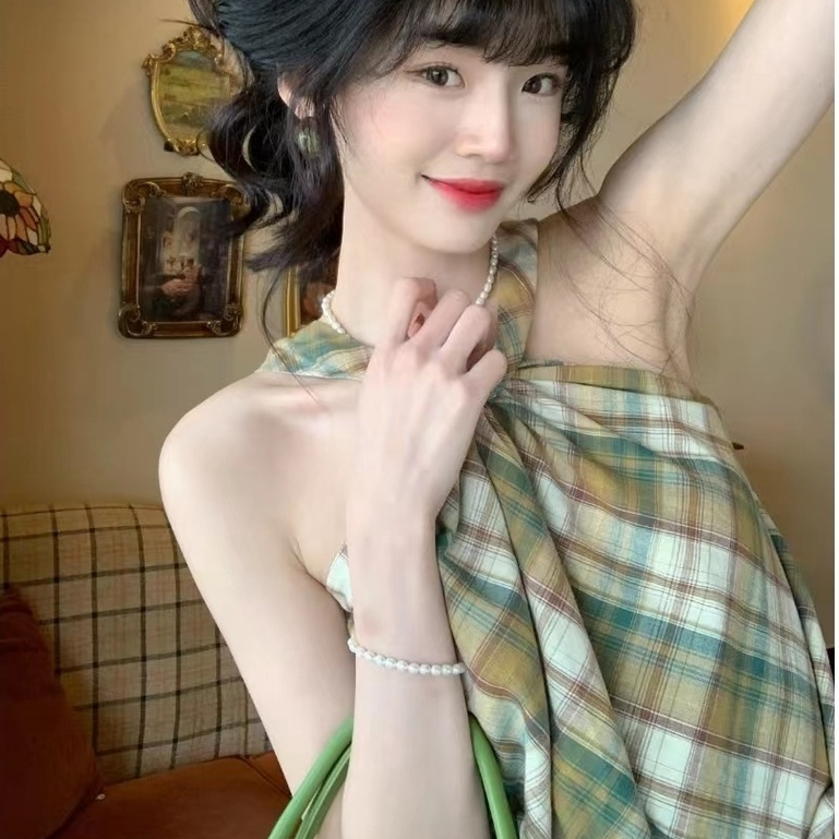 Áo Hai Dây Cổ Yếm Họa Tiết Sọc Caro Phong Cách Retro Thời Trang Mùa Hè